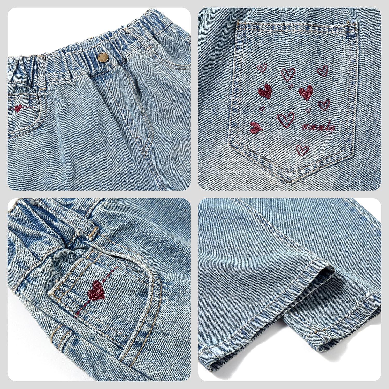 imageRolanko Girls Jeans Denim Elastic Wasit Wide Leg Baggy Pants Kids Clothes 414 YearsBackpocketheart