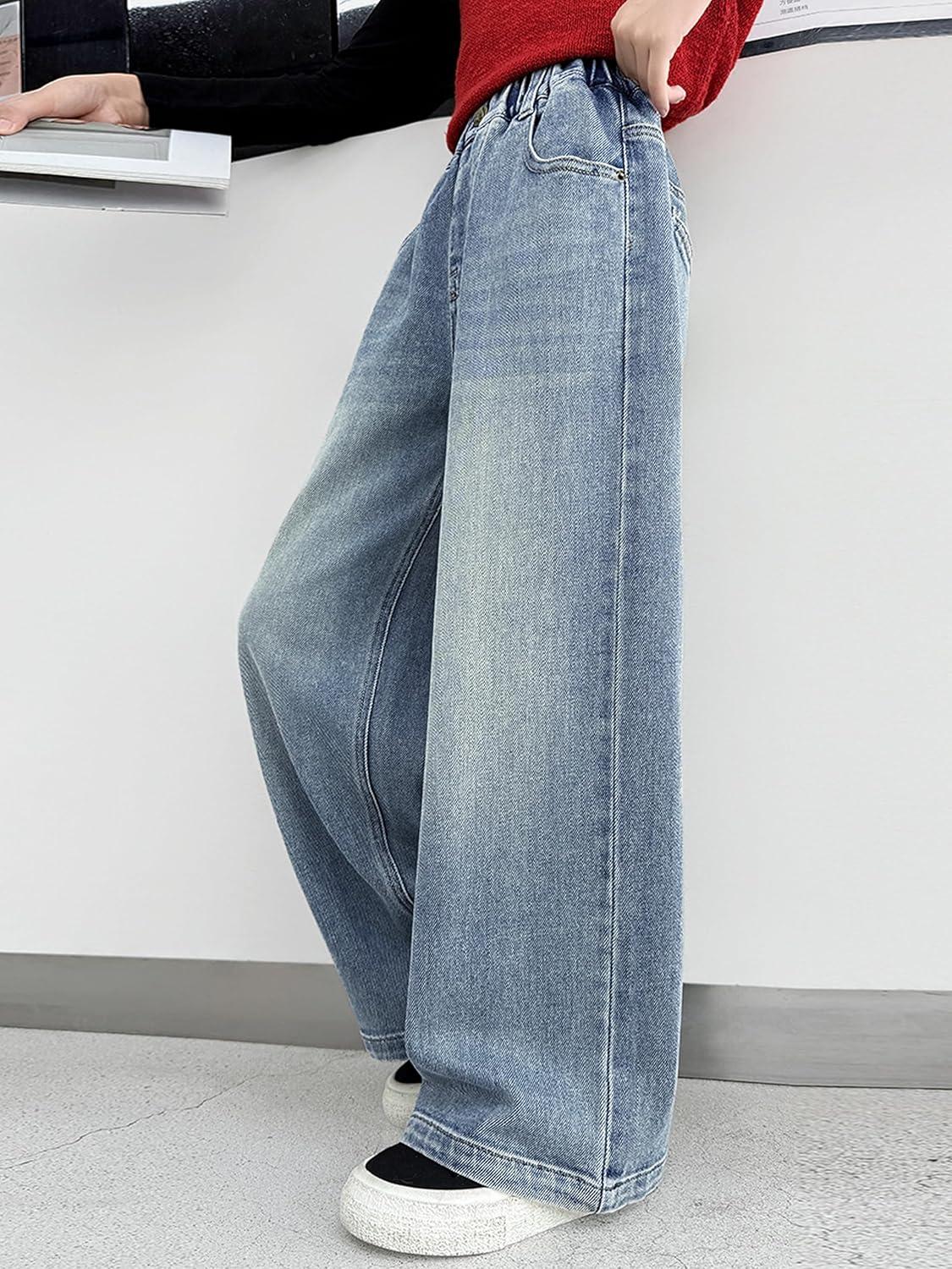 imageRolanko Girls Jeans Denim Elastic Wasit Wide Leg Baggy Pants Kids Clothes 414 YearsBackpocketheart