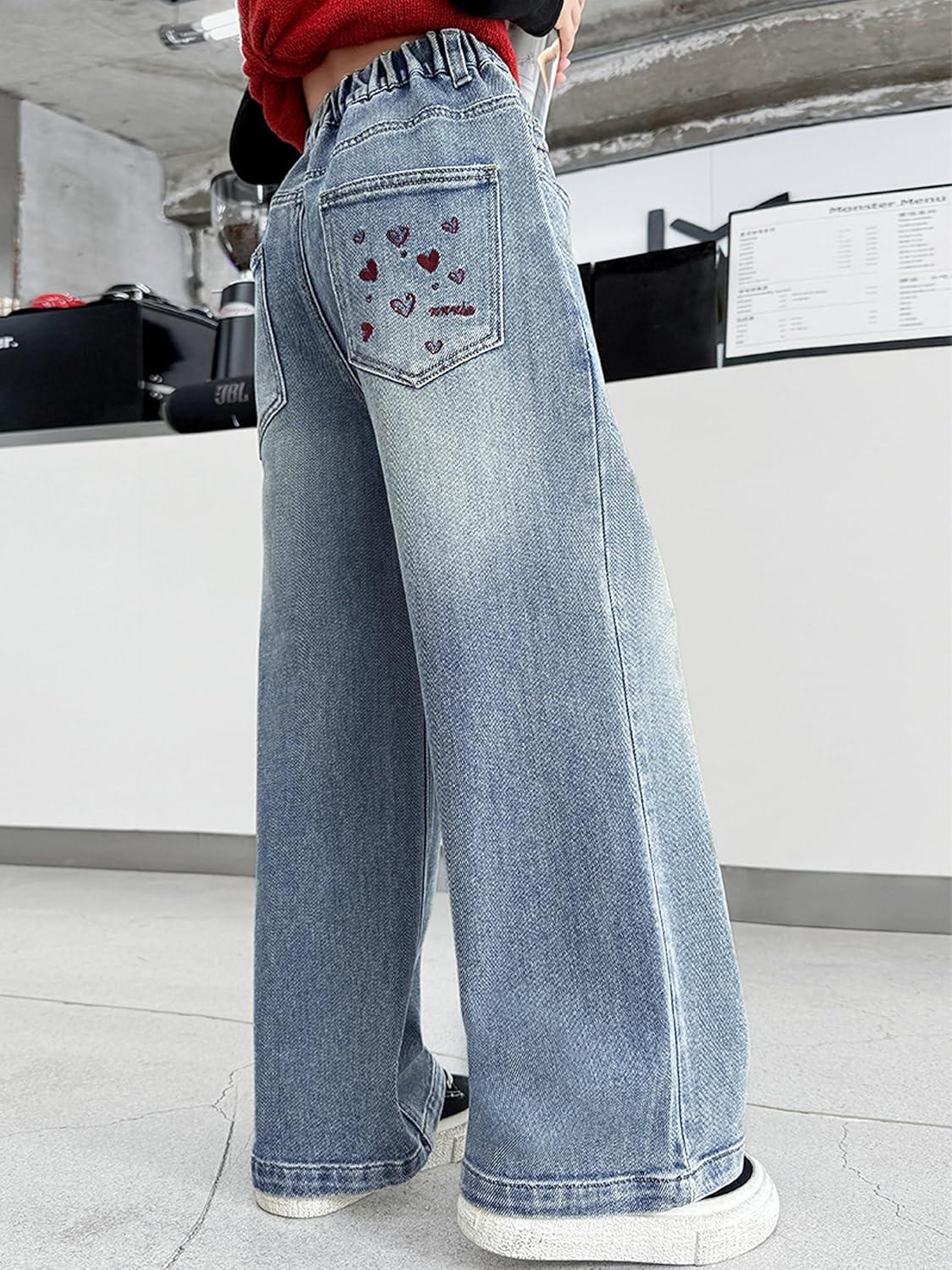 imageRolanko Girls Jeans Denim Elastic Wasit Wide Leg Baggy Pants Kids Clothes 414 YearsBackpocketheart