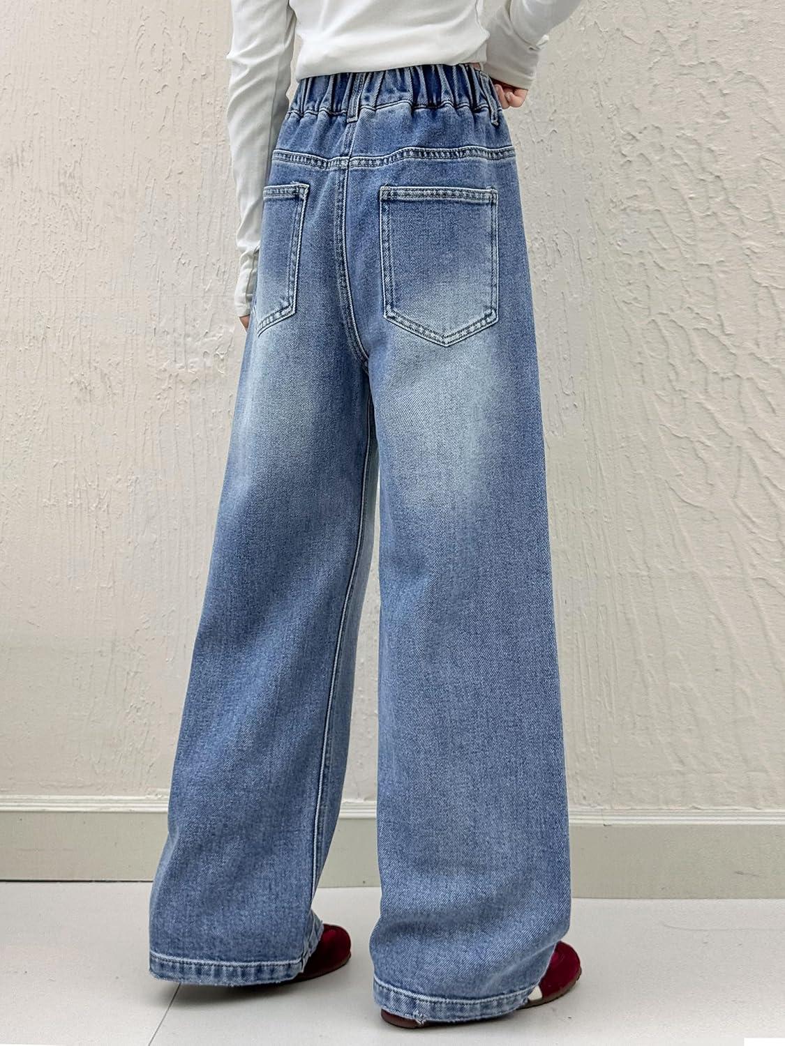 imageRolanko Girls Jeans Denim Elastic Wasit Wide Leg Baggy Pants Kids Clothes 414 YearsSidepearls