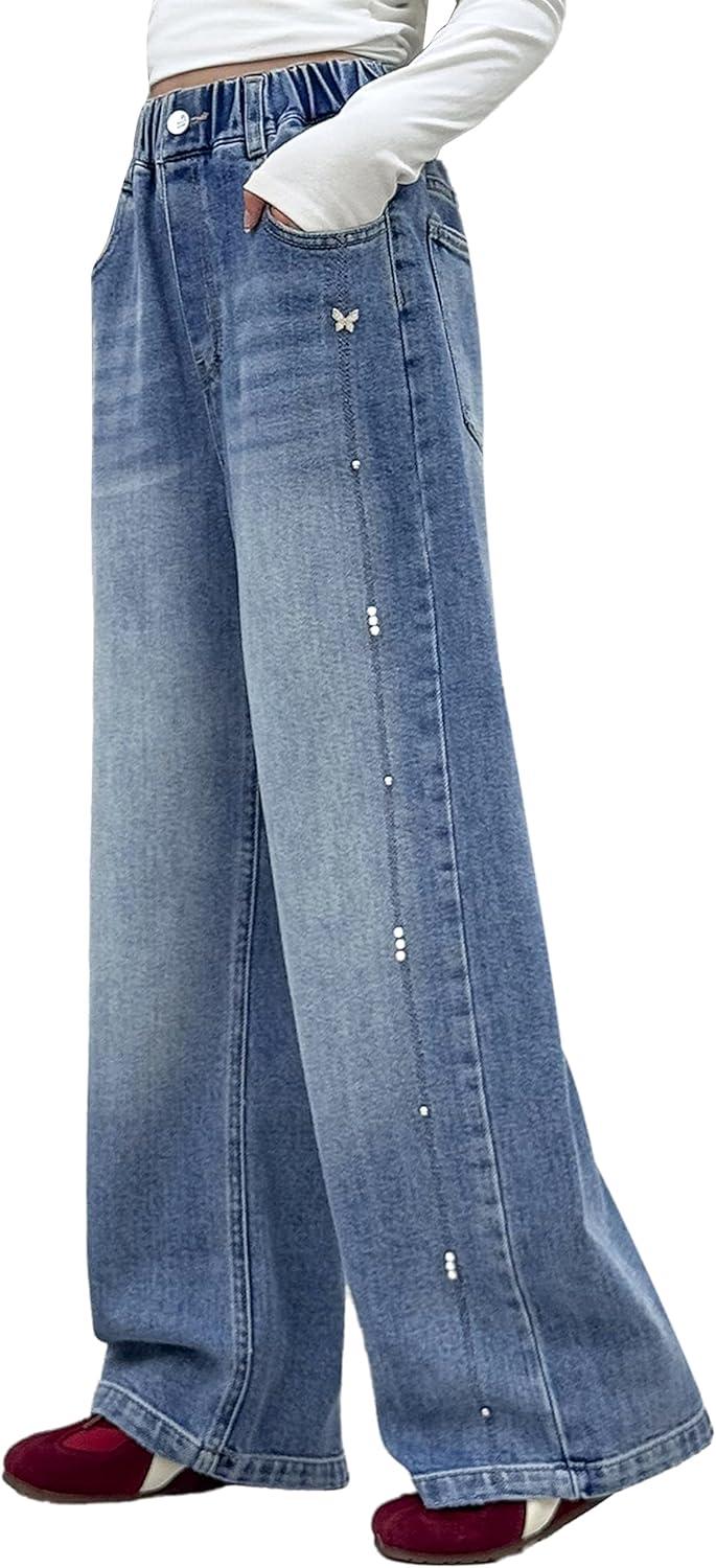 imageRolanko Girls Jeans Denim Elastic Wasit Wide Leg Baggy Pants Kids Clothes 414 YearsSidepearls