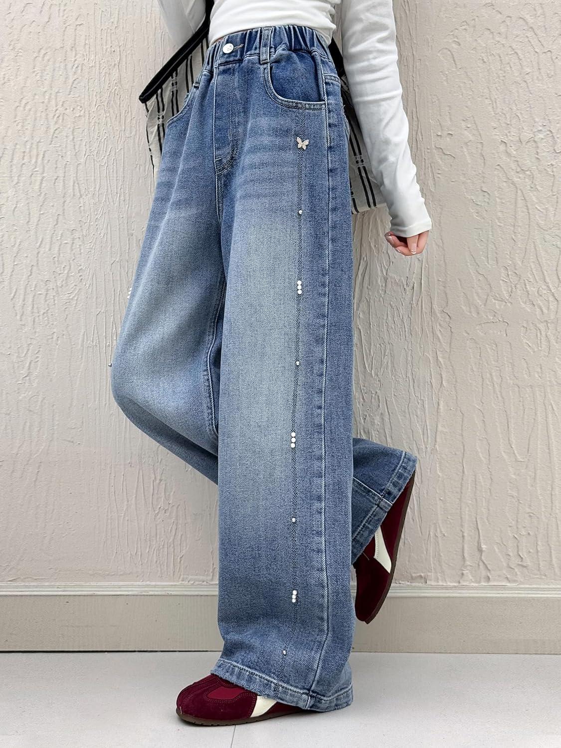 imageRolanko Girls Jeans Denim Elastic Wasit Wide Leg Baggy Pants Kids Clothes 414 YearsSidepearls