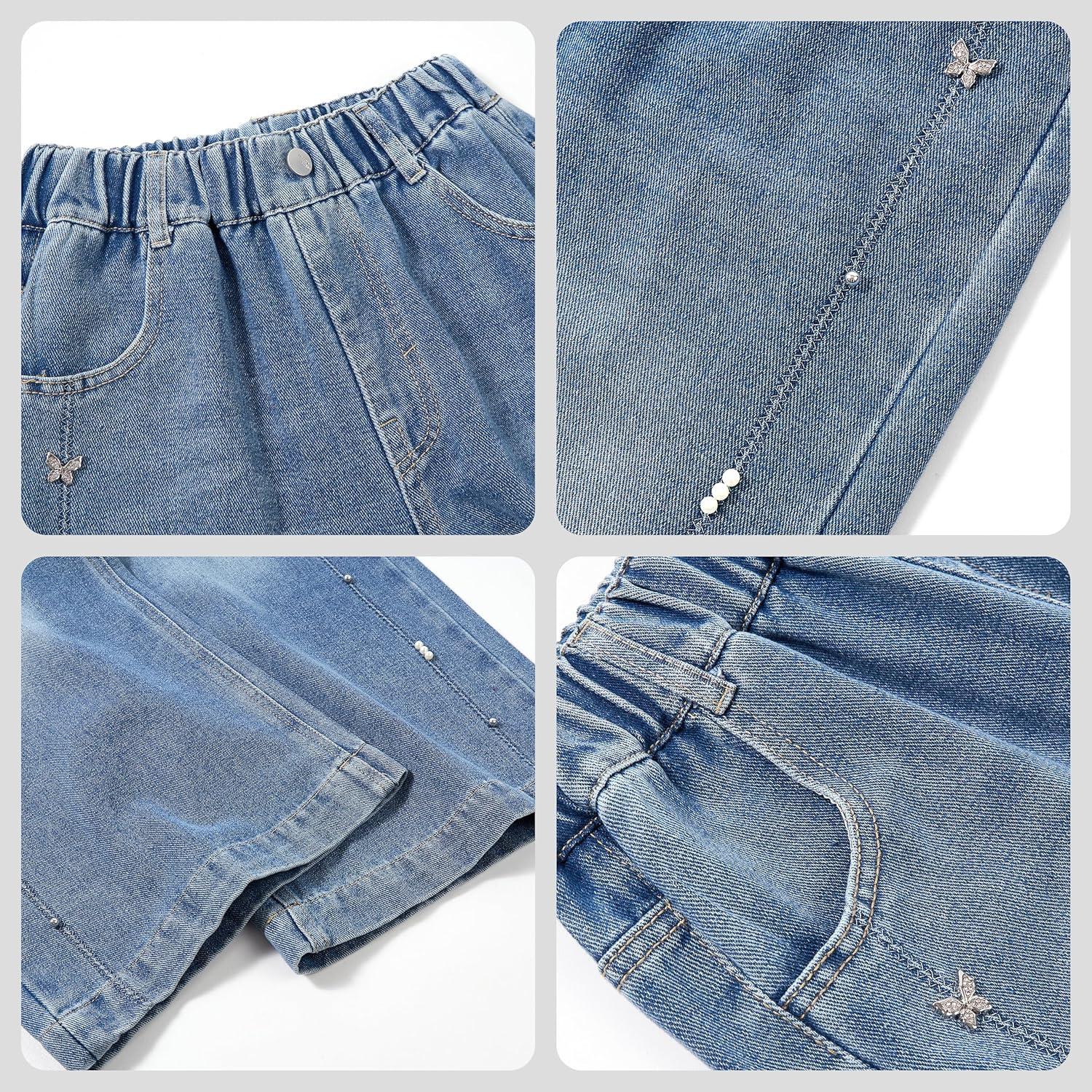 imageRolanko Girls Jeans Denim Elastic Wasit Wide Leg Baggy Pants Kids Clothes 414 YearsSidepearls