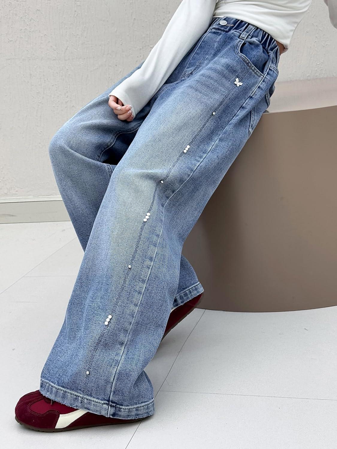 imageRolanko Girls Jeans Denim Elastic Wasit Wide Leg Baggy Pants Kids Clothes 414 YearsSidepearls