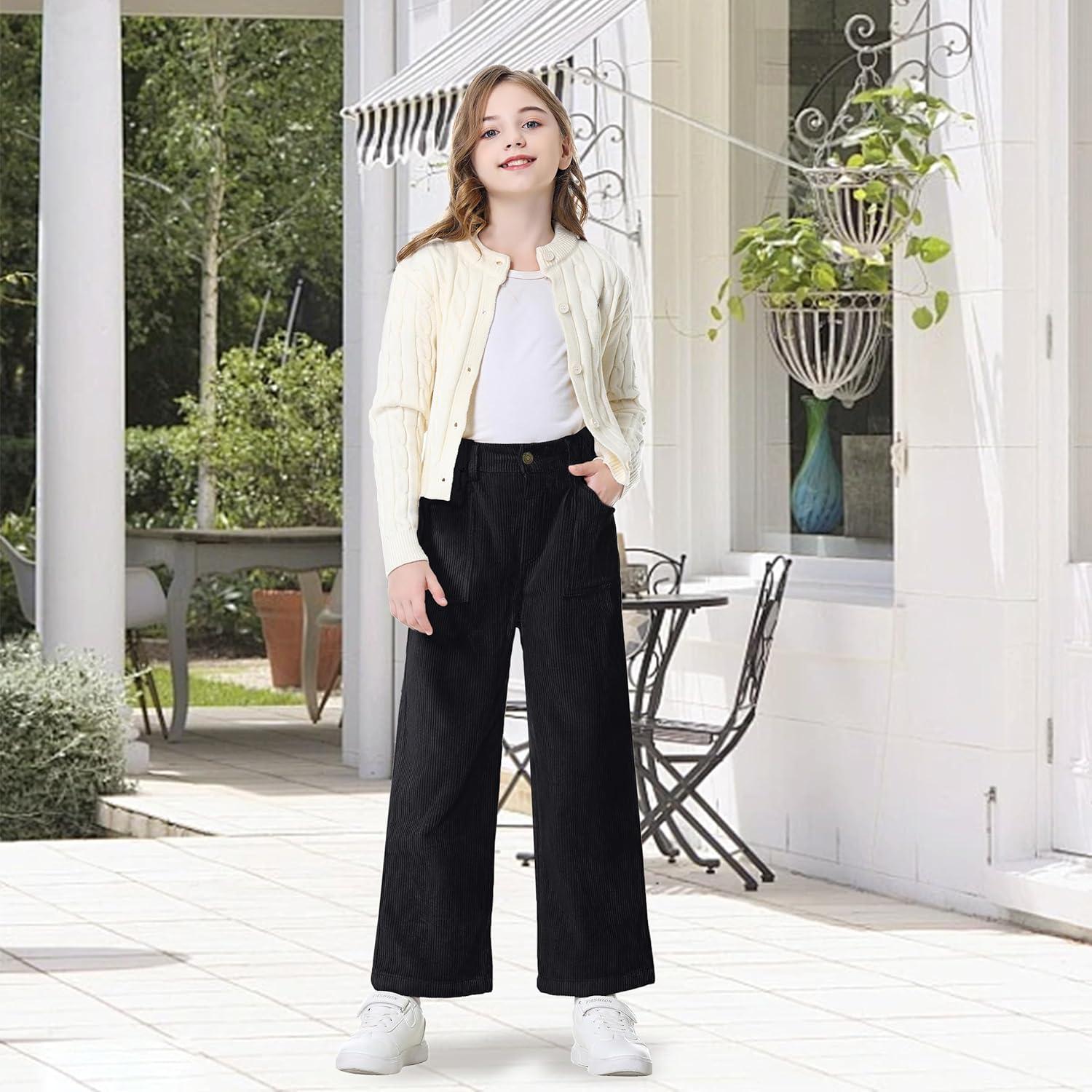 imageRolanko Girls Wide Leg Corduroy Pants High Waist Trousers Vintage Kids Pants Streetwear Casual 412 YearsBblack