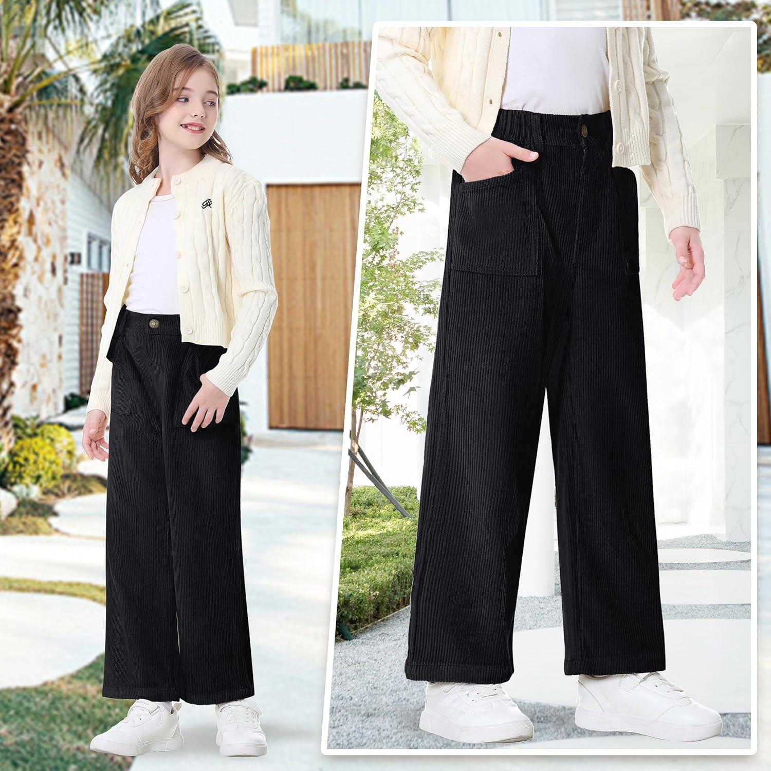 imageRolanko Girls Wide Leg Corduroy Pants High Waist Trousers Vintage Kids Pants Streetwear Casual 412 YearsBblack