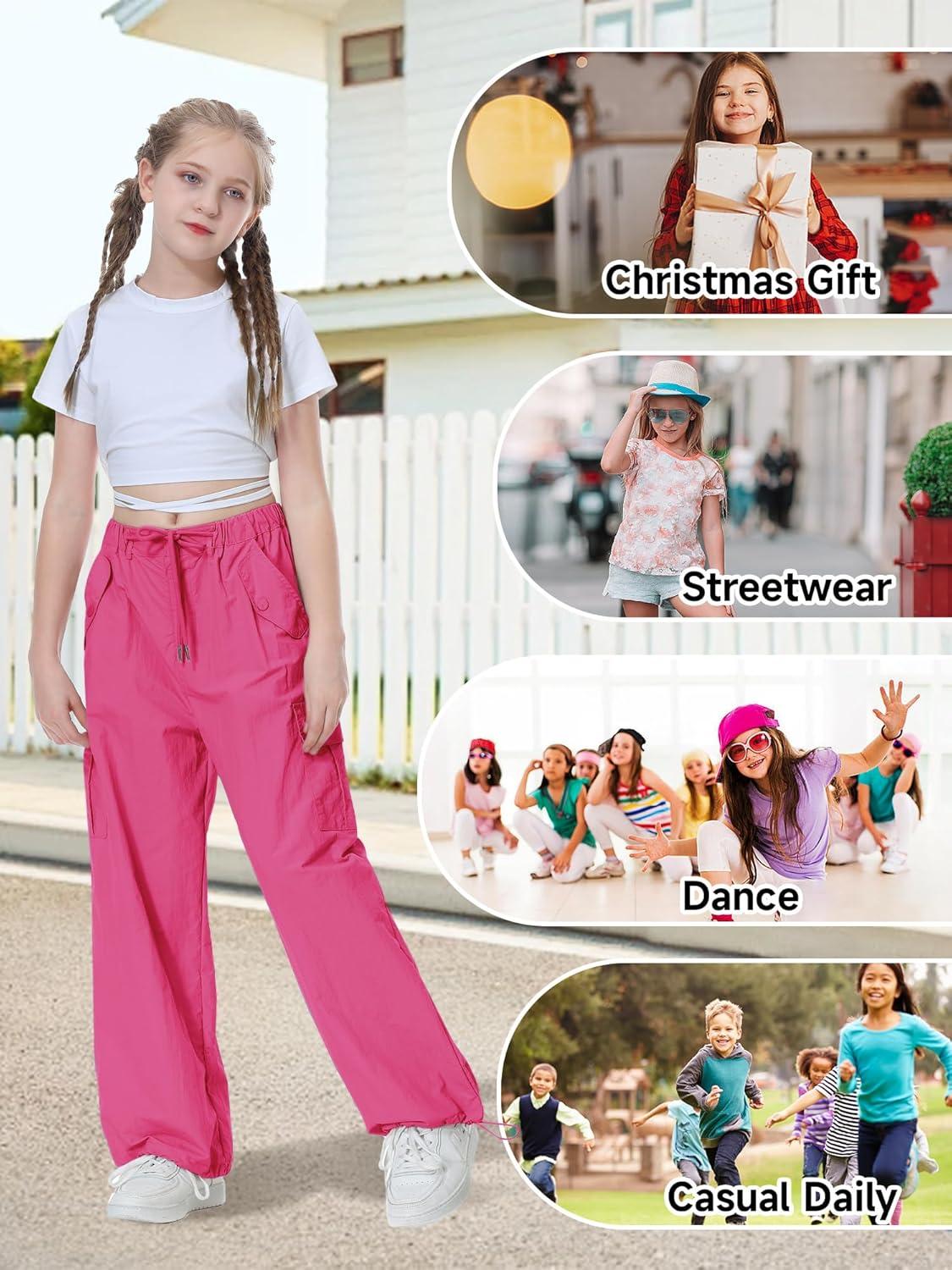 imageRolanko Parachute Pants for Girls Y2K Cargo Trousers with Pockets Harajuku Jogger Pants Kids 414 YearsRosered
