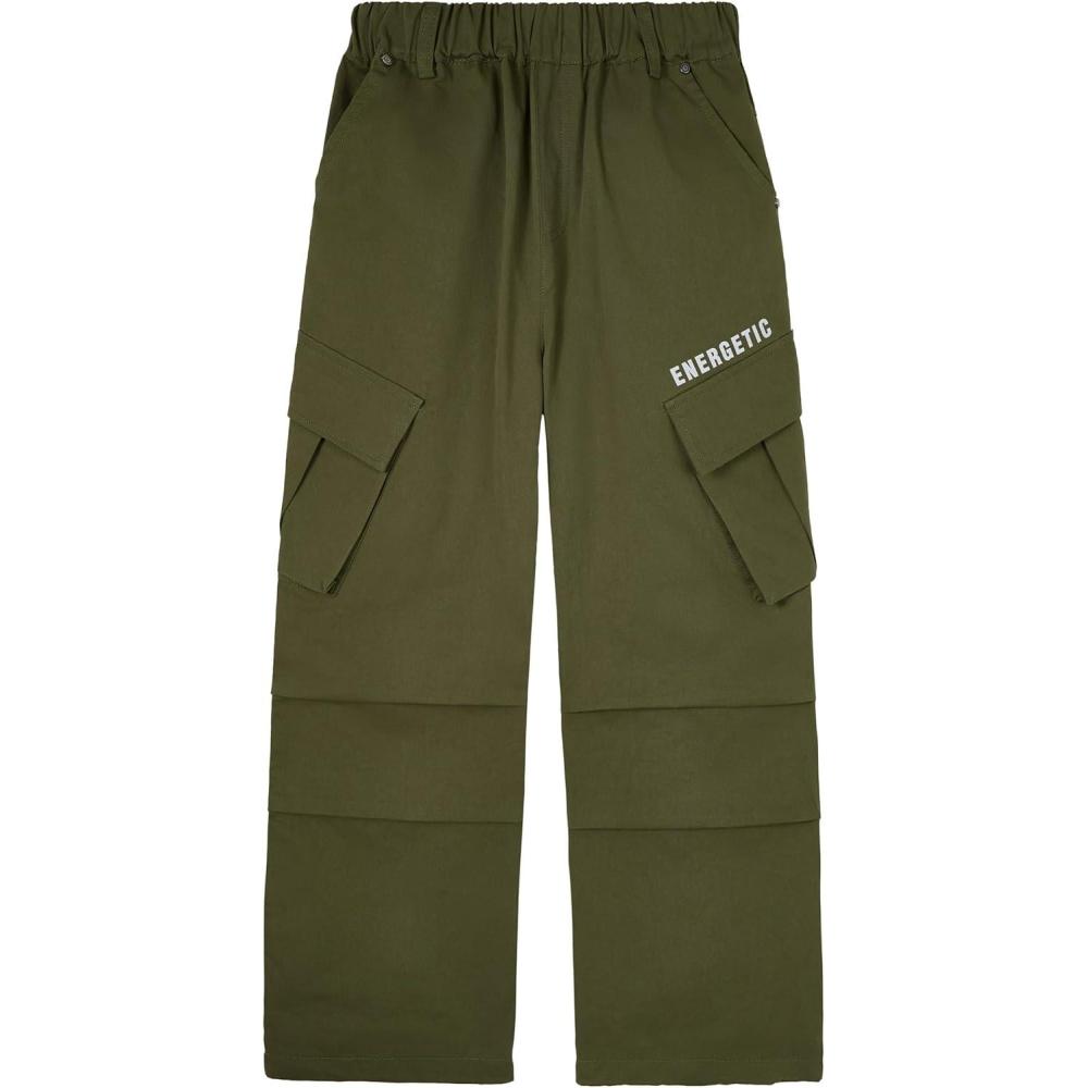 imageRolanko Boys Baggy Cargo Pants with Pockets Loose Hiking Pants Elastic Cargo Jogger Trousers for Outdoor Casual School 615YArmygreen