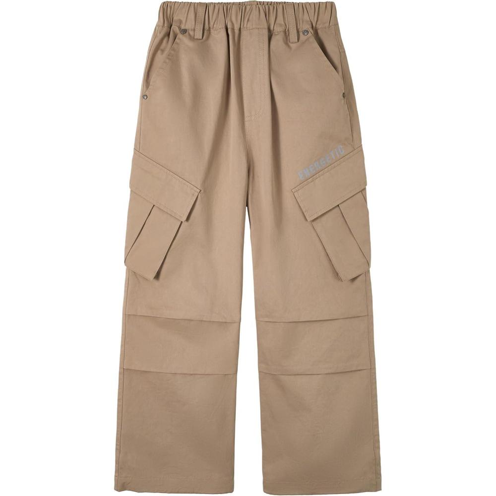 imageRolanko Boys Baggy Cargo Pants with Pockets Loose Hiking Pants Elastic Cargo Jogger Trousers for Outdoor Casual School 615YKhaki
