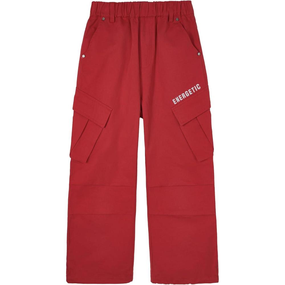 imageRolanko Boys Baggy Cargo Pants with Pockets Loose Hiking Pants Elastic Cargo Jogger Trousers for Outdoor Casual School 615YRed