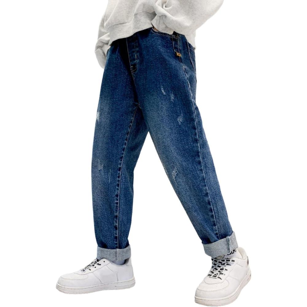 imageRolanko Boys Baggy Jeans Elastic Straight fit Stretch Denim Pants Loose Kids Clothes 414 YearsDarkbluebasics