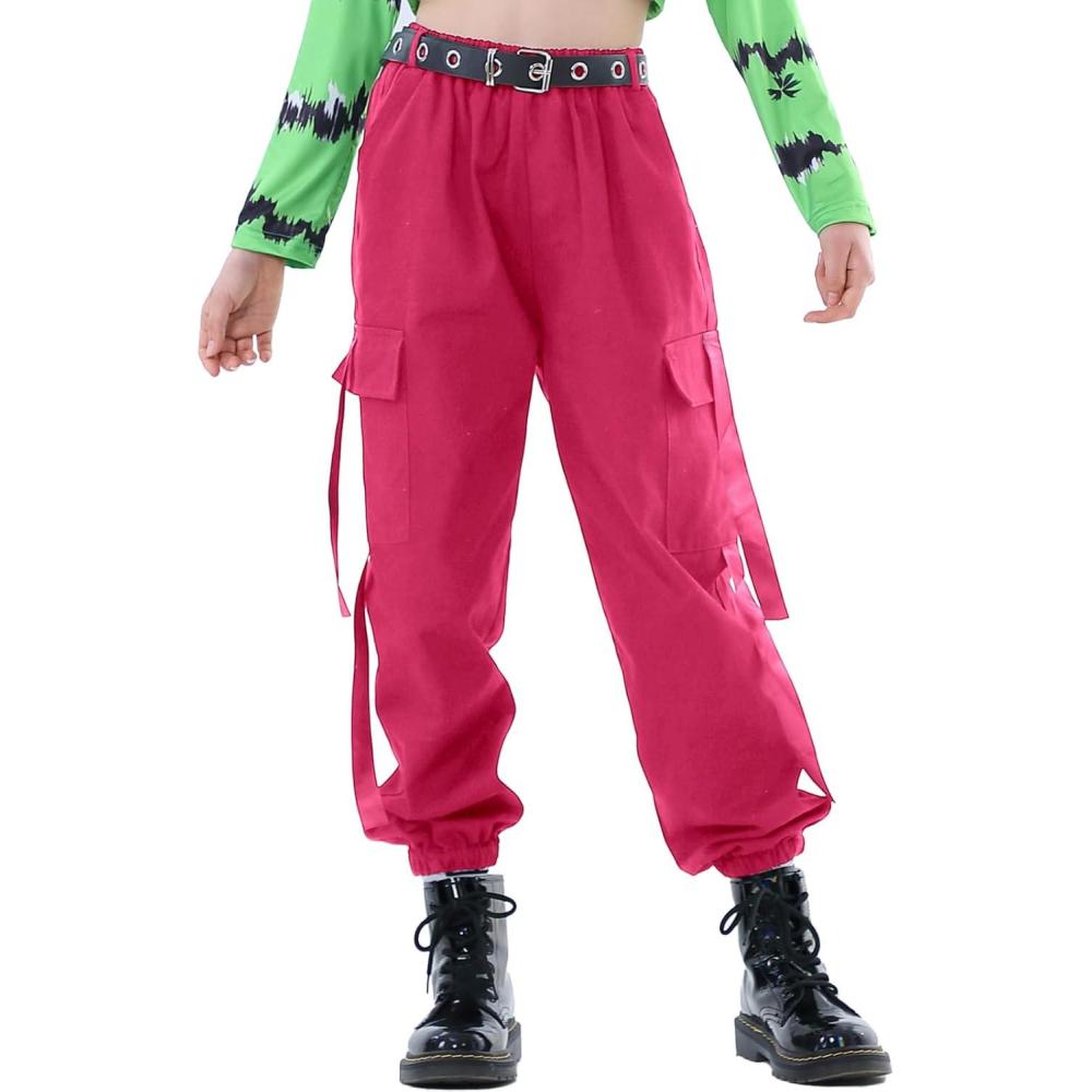 imageRolanko Girls Cargo Pants for Kids Loose Streetwear Hip Hop Dance Cotton Cargo Jogger Pants for Kids 415 YearsNrose