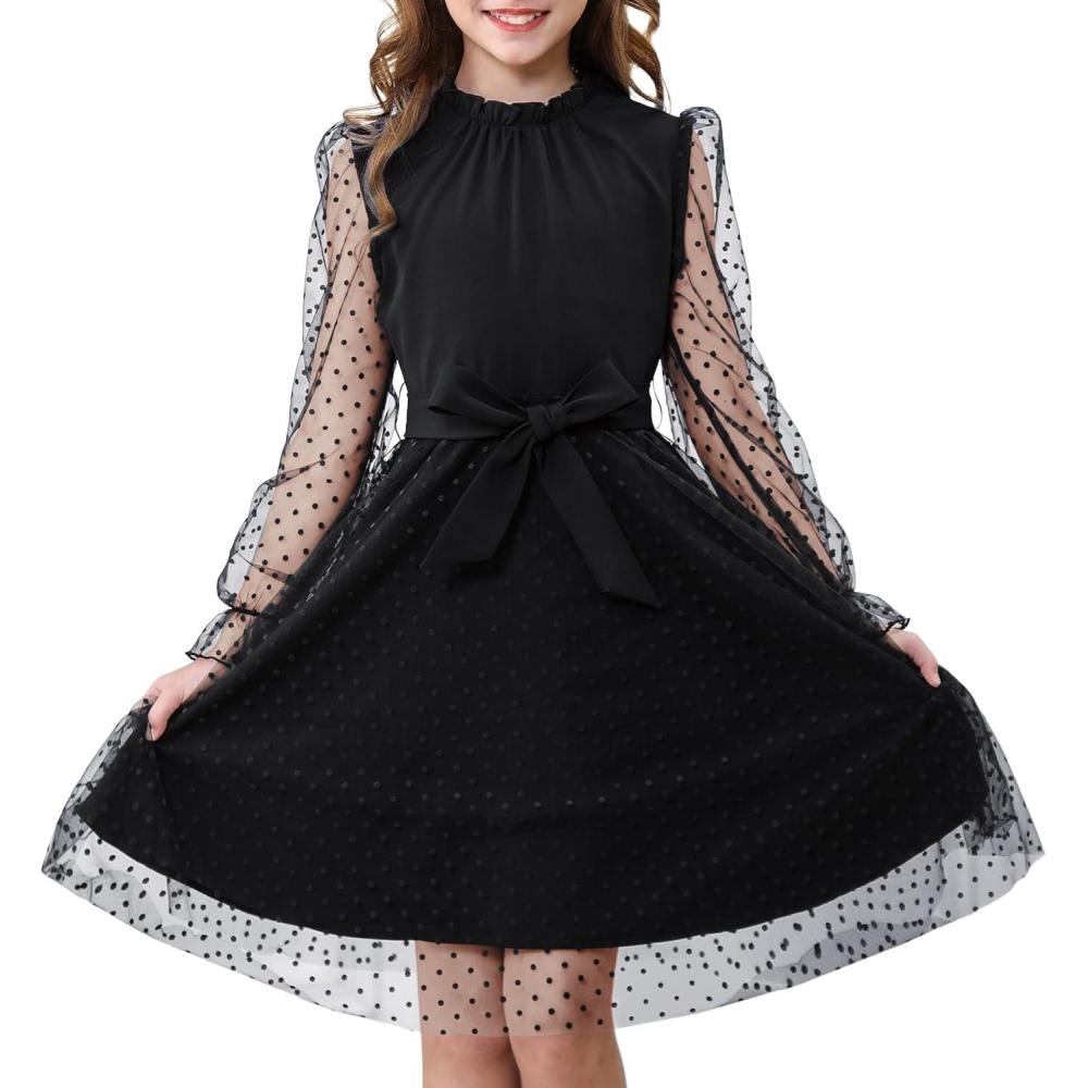 imageRolanko Girls Contrast Mesh Dress with Belt Puff Long Sleeve ALine Polka Dot Tulle Party DressesBlack