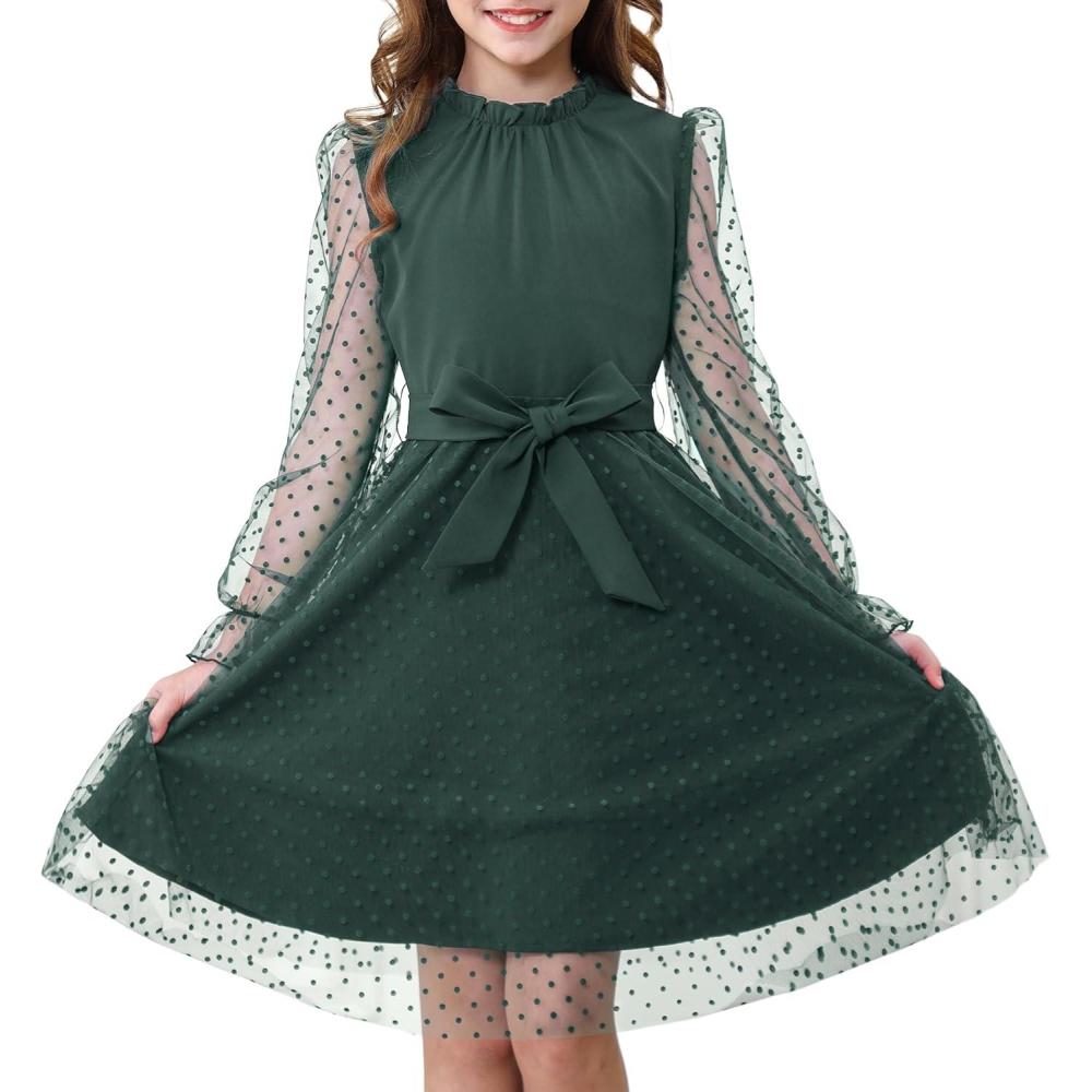 imageRolanko Girls Contrast Mesh Dress with Belt Puff Long Sleeve ALine Polka Dot Tulle Party DressesDark Green