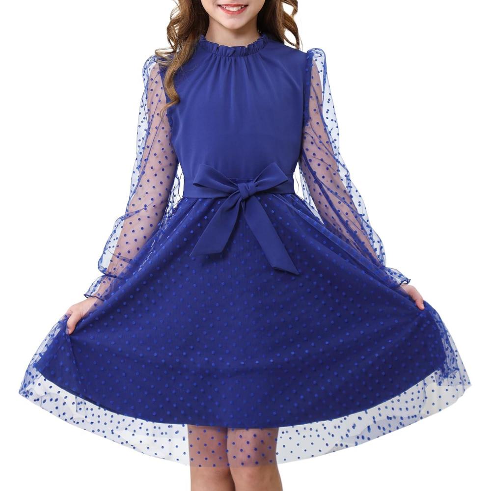 imageRolanko Girls Contrast Mesh Dress with Belt Puff Long Sleeve ALine Polka Dot Tulle Party DressesNavy