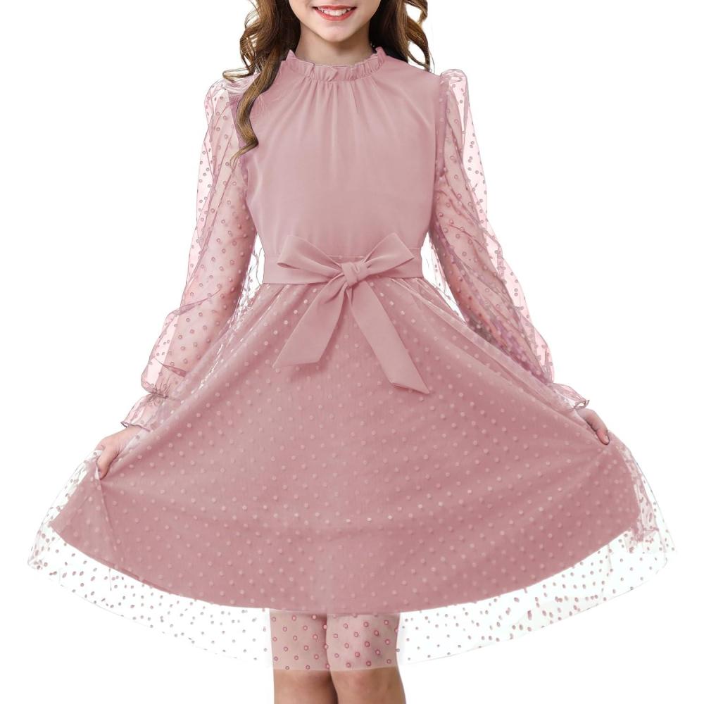 imageRolanko Girls Contrast Mesh Dress with Belt Puff Long Sleeve ALine Polka Dot Tulle Party DressesPink