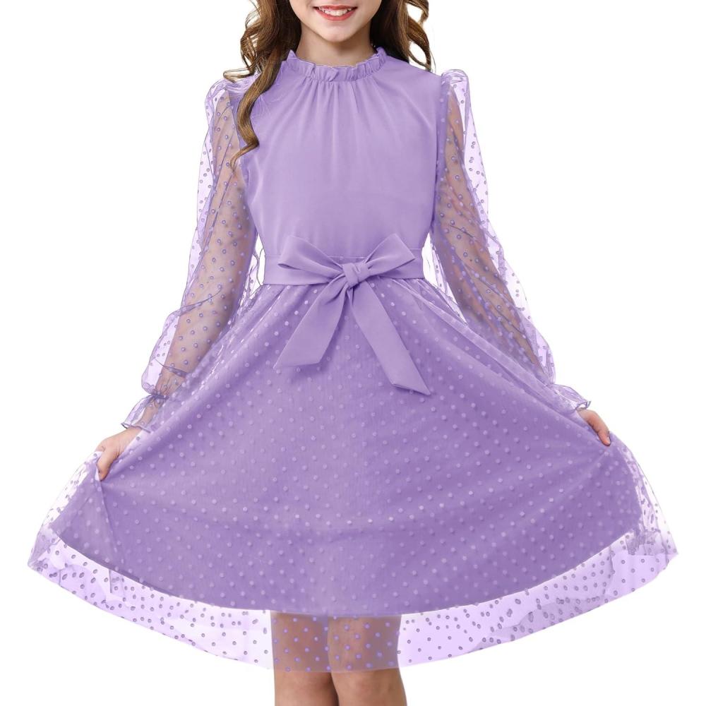 imageRolanko Girls Contrast Mesh Dress with Belt Puff Long Sleeve ALine Polka Dot Tulle Party DressesPurple