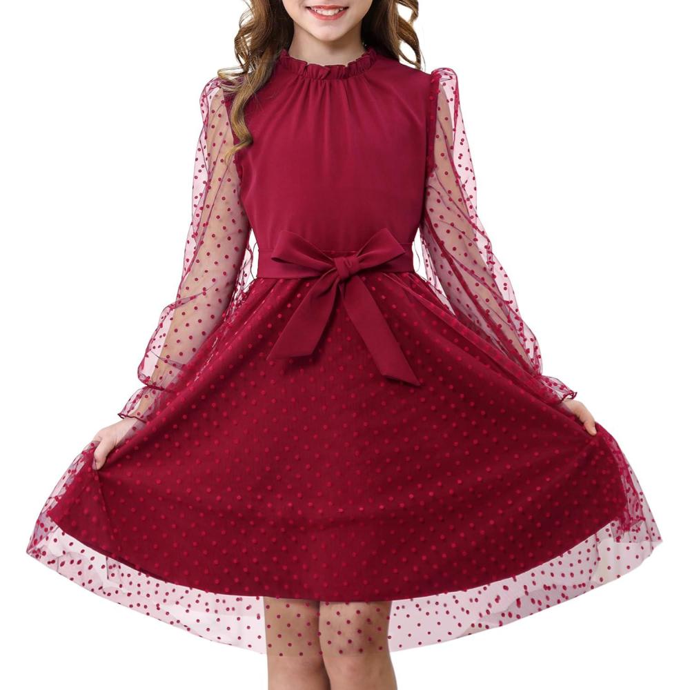 imageRolanko Girls Contrast Mesh Dress with Belt Puff Long Sleeve ALine Polka Dot Tulle Party DressesRed