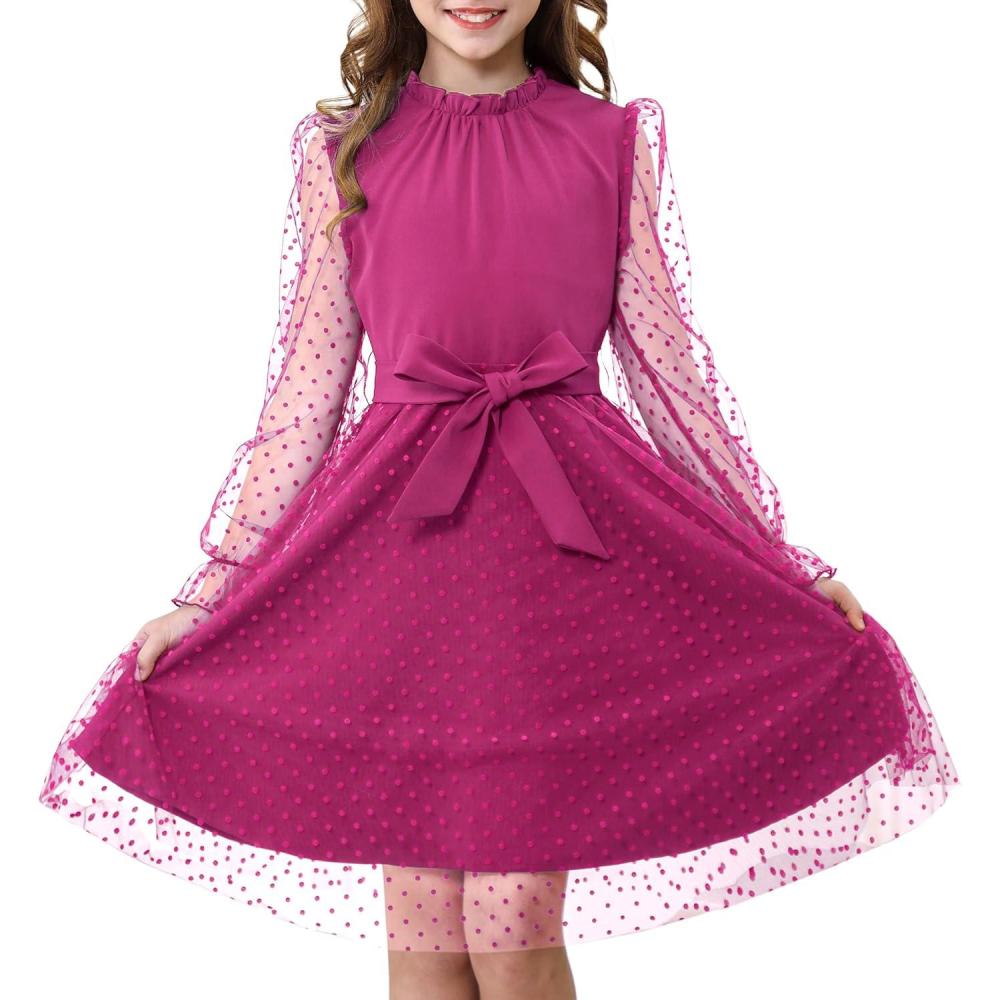 imageRolanko Girls Contrast Mesh Dress with Belt Puff Long Sleeve ALine Polka Dot Tulle Party DressesRose