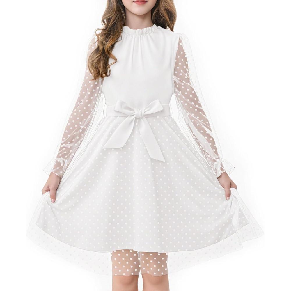 imageRolanko Girls Contrast Mesh Dress with Belt Puff Long Sleeve ALine Polka Dot Tulle Party DressesWhite