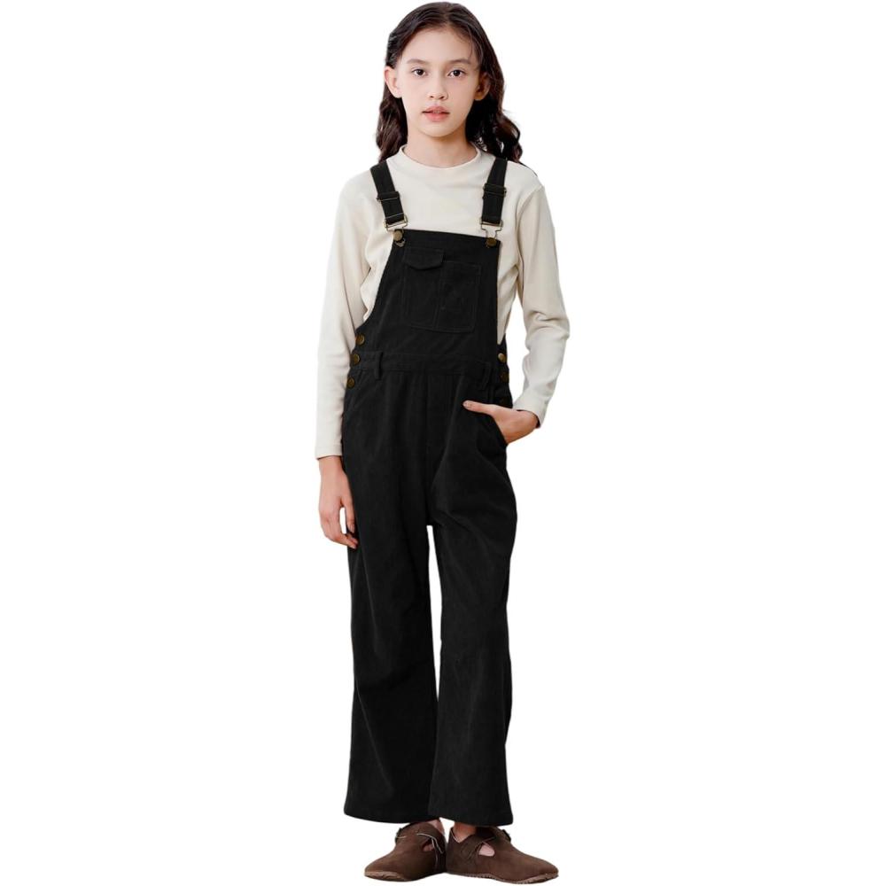 imageRolanko Girls Corduroy Overalls Adjustable Straps Jumpsuits with Pockets Vintage Wide leg Bib Pants for KidsBlack