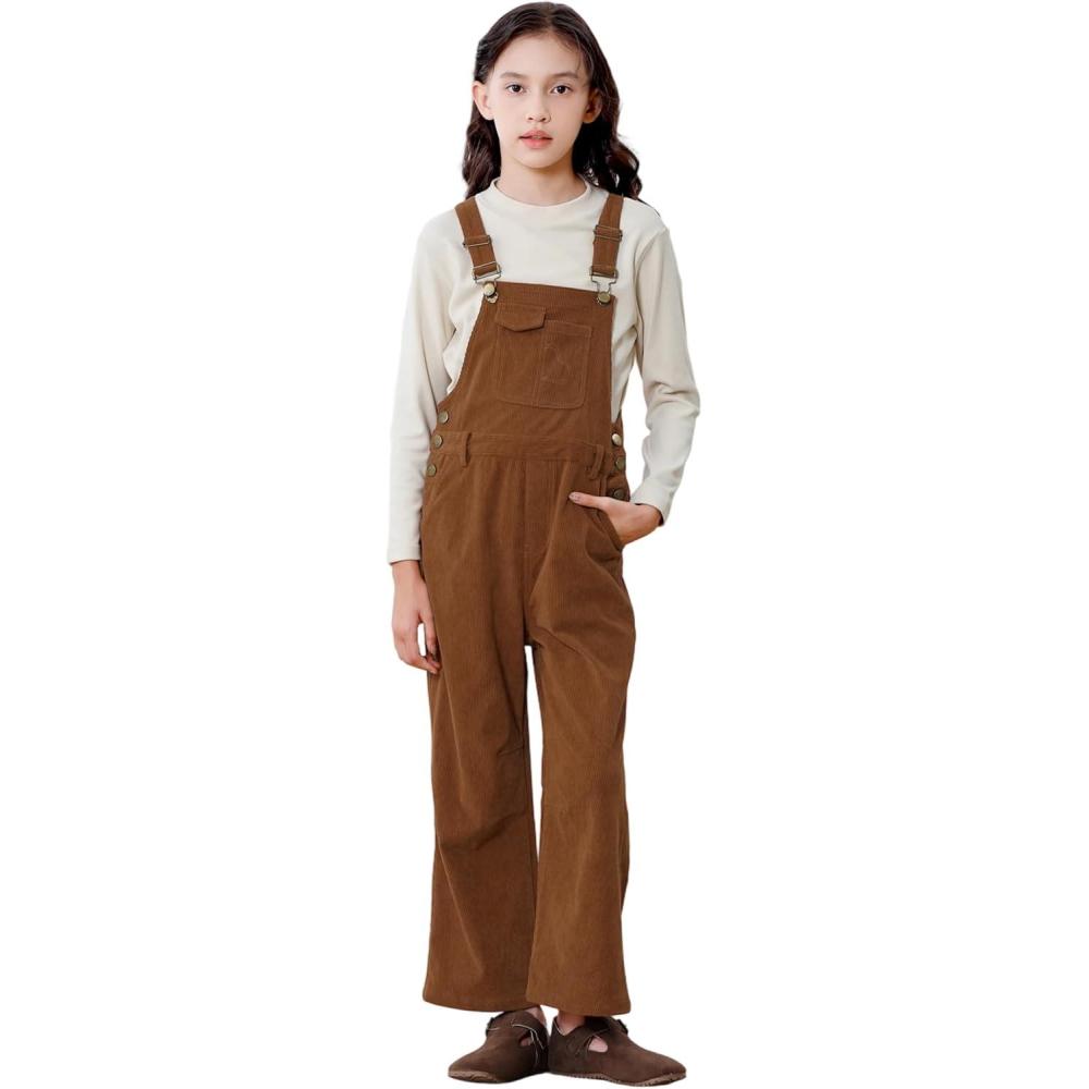 imageRolanko Girls Corduroy Overalls Adjustable Straps Jumpsuits with Pockets Vintage Wide leg Bib Pants for KidsBrown