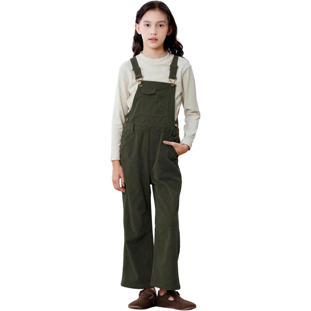 imageRolanko Girls Corduroy Overalls Adjustable Straps Jumpsuits with Pockets Vintage Wide leg Bib Pants for KidsOlivegreen