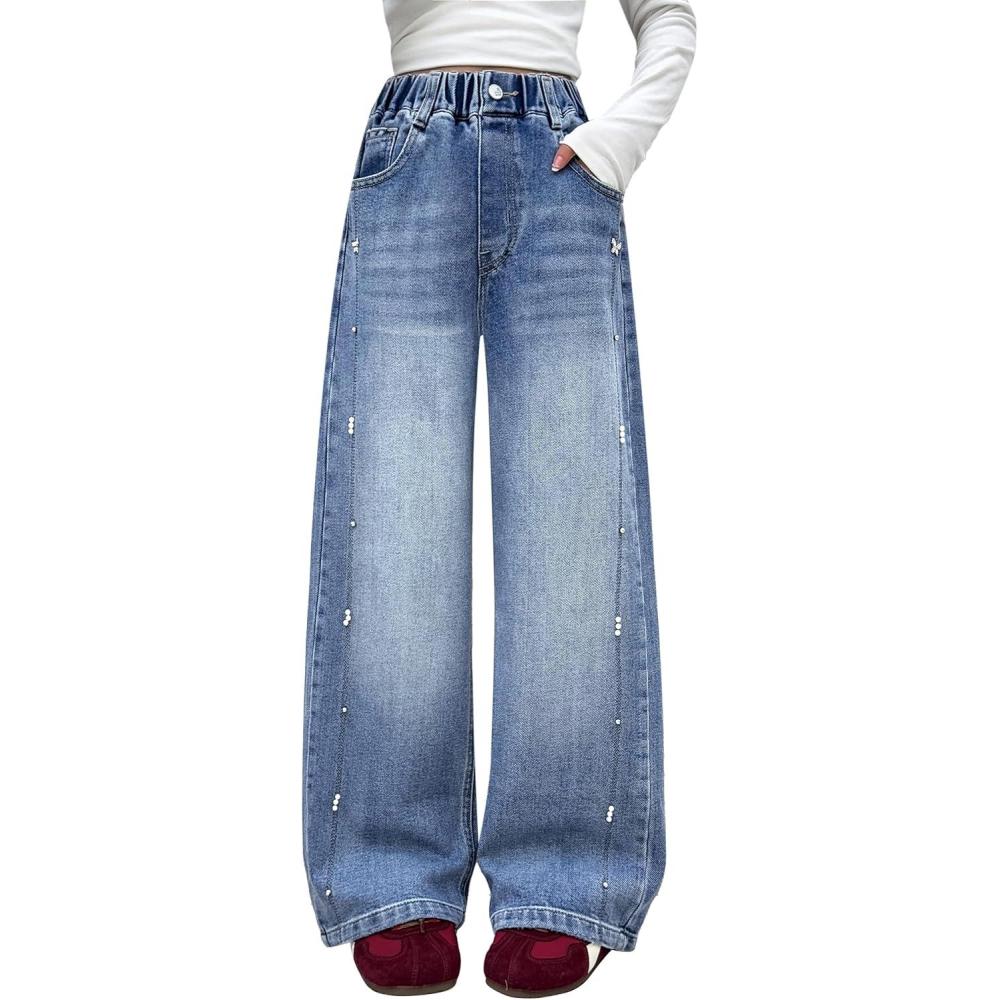 imageRolanko Girls Jeans Denim Elastic Wasit Wide Leg Baggy Pants Kids Clothes 414 YearsSidepearls