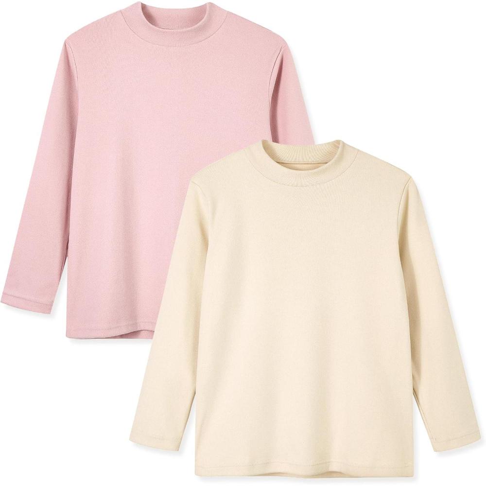 imageRolanko Girls Turtleneck Long Sleeve Shirt 2 Pack Mock Neck Tops Warm Pullover Thermal Shirts Fall Winter Base Layer TShirtsBeigepink