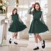 imageRolanko Girls Contrast Mesh Dress with Belt Puff Long Sleeve ALine Polka Dot Tulle Party DressesDark Green