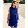 imageRolanko Girls Contrast Mesh Dress with Belt Puff Long Sleeve ALine Polka Dot Tulle Party DressesNavy