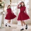 imageRolanko Girls Contrast Mesh Dress with Belt Puff Long Sleeve ALine Polka Dot Tulle Party DressesRed