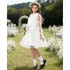 imageRolanko Girls Contrast Mesh Dress with Belt Puff Long Sleeve ALine Polka Dot Tulle Party DressesWhite