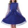 imageRolanko Girls Contrast Mesh Dress with Belt Puff Long Sleeve ALine Polka Dot Tulle Party DressesNavy