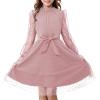 imageRolanko Girls Contrast Mesh Dress with Belt Puff Long Sleeve ALine Polka Dot Tulle Party DressesPink