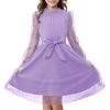 imageRolanko Girls Contrast Mesh Dress with Belt Puff Long Sleeve ALine Polka Dot Tulle Party DressesPurple