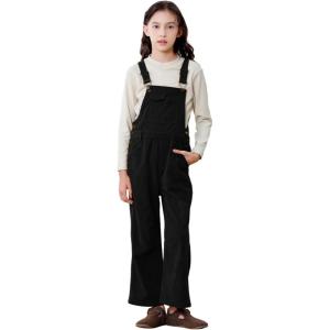 imageRolanko Girls Corduroy Overalls Adjustable Straps Jumpsuits with Pockets Vintage Wide leg Bib Pants for KidsBlack