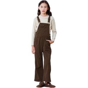 imageRolanko Girls Corduroy Overalls Adjustable Straps Jumpsuits with Pockets Vintage Wide leg Bib Pants for KidsCoffee