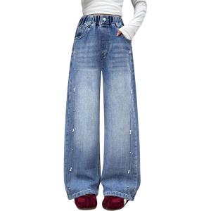 imageRolanko Girls Jeans Denim Elastic Wasit Wide Leg Baggy Pants Kids Clothes 414 YearsSidepearls