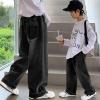 imageRolanko Boys Baggy Jeans Wide Leg Elastic Waist Denim Pants Loose Fit Trousers Vintage Y2K StreetwearBlackpocketembroidery