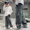 imageRolanko Boys Baggy Jeans Wide Leg Elastic Waist Denim Pants Loose Fit Trousers Vintage Y2K StreetwearGraystraps