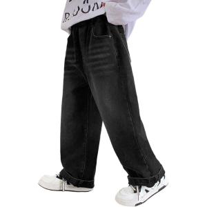 imageRolanko Boys Baggy Jeans Wide Leg Elastic Waist Denim Pants Loose Fit Trousers Vintage Y2K StreetwearBlackpocketembroidery