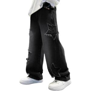 imageRolanko Boys Baggy Jeans Wide Leg Elastic Waist Denim Pants Loose Fit Trousers Vintage Y2K StreetwearBlacksandedstar