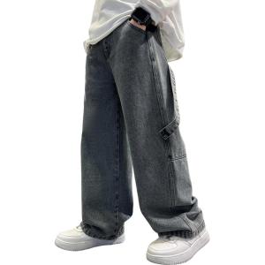 imageRolanko Boys Baggy Jeans Wide Leg Elastic Waist Denim Pants Loose Fit Trousers Vintage Y2K StreetwearGraystraps