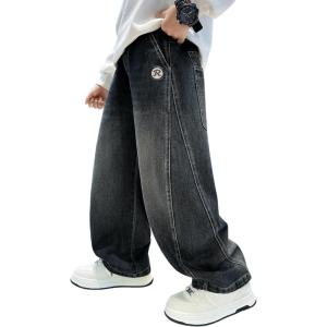 imageRolanko Boys Baggy Jeans Wide Leg Elastic Waist Denim Pants Loose Fit Trousers Vintage Y2K StreetwearRembroidery
