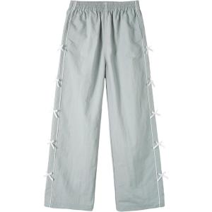 imageRolanko Wide Leg Baggy Pants for Girls Track Pants with Side Bow Y2K Parachute Waterproof Kids Jogger Trousers with PocketsLightblue