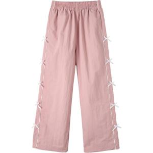 imageRolanko Wide Leg Baggy Pants for Girls Track Pants with Side Bow Y2K Parachute Waterproof Kids Jogger Trousers with PocketsPink