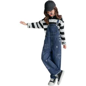 imageRolanko Girls Overalls Denim Bib Distressed Jumpsuit Kids Blue Baggy Jean Pants 414 Years with PocketsStar