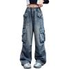 imageRolanko Girls Cargo Pants Baggy Y2K Cargo Trousers Jeans Wide Leg Pants with Multi Pockets 415 YearsBluekneeruffles