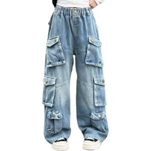 imageRolanko Girls Cargo Pants Baggy Y2K Cargo Trousers Jeans Wide Leg Pants with Multi Pockets 415 YearsBluecargos